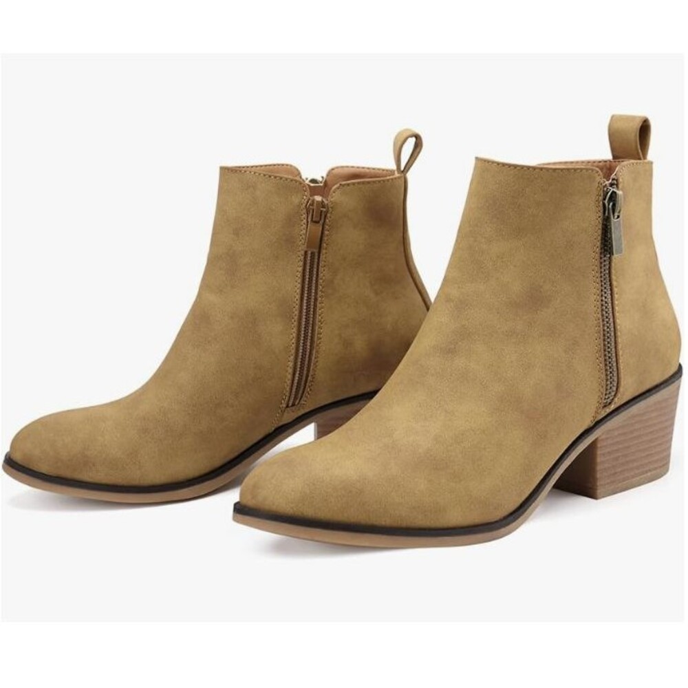 Women Ankle Boots Side Zipper Low Heel Dress Booties Tan Nubuck 8 US